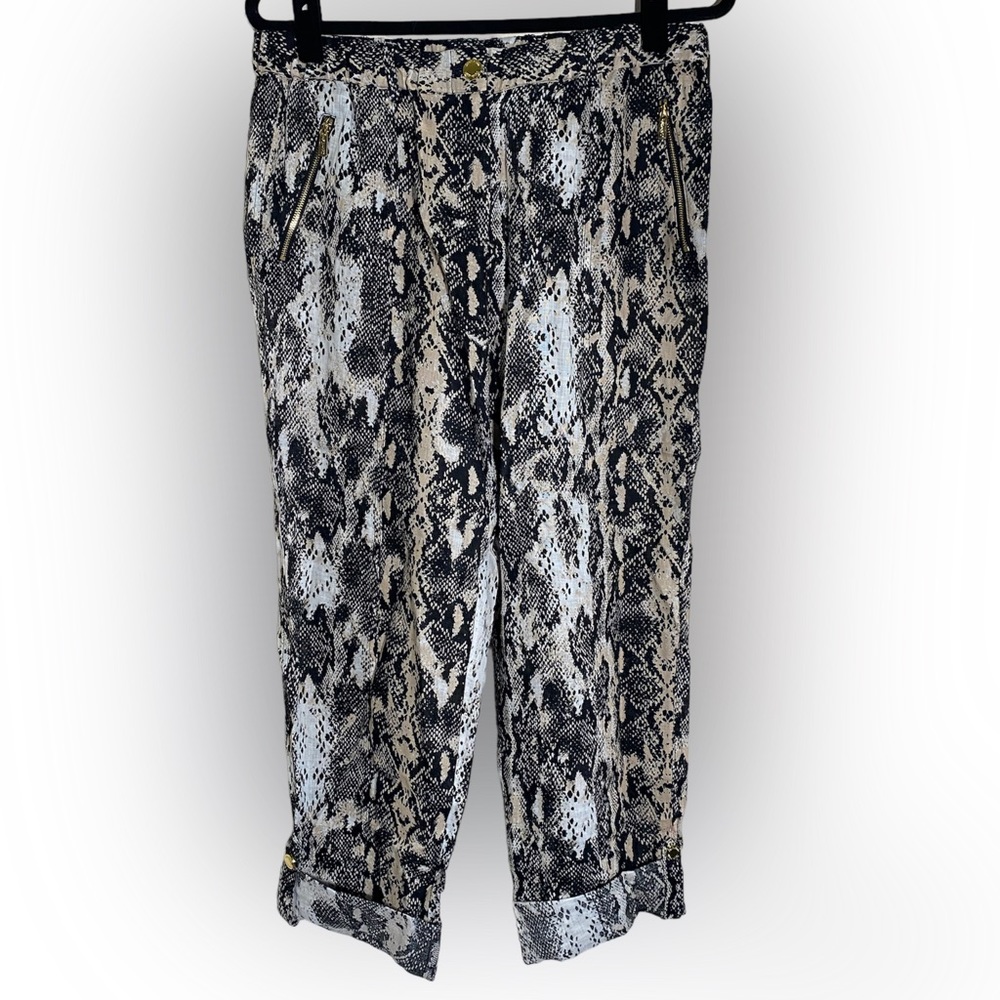 Calvin Klein Modern Essential Linen Roll-Tab Cuff Pant, Black/Latte Snake Print